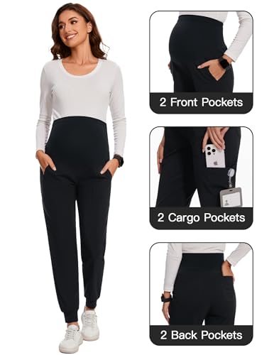 FABRACK Women's Maternity Scrub Jogger Pants Workwear Stretch Comfy Pregnancy Pants with 6 Pockets(Black, XX-Large)