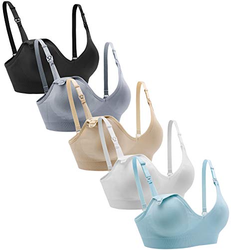 Suekaphin Nursing Bra 5pack Wireless V Neck Maternity Nursing Bra Bralette Low Cut Sleeping Breastfeeding with Extenders - color: Black/Nude/White/Gray/Lightblue, size: Large