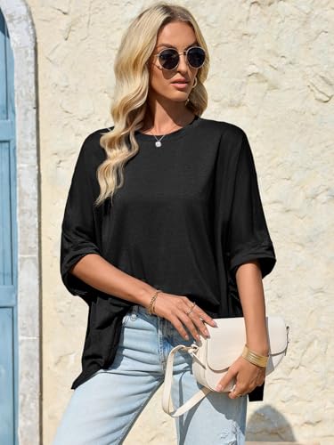 Tankaneo Womens Oversized Tshirts Batwing Short Sleeve Asymmetric Hem Tops - color: Black, size: Small