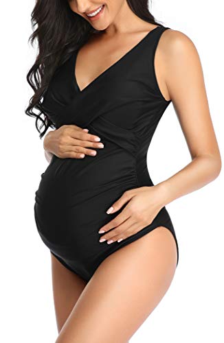 SUMMERSUNSHINE Maternity One Piece Swimwear Front Cross Pregnancy Swimsuit Bathing Suit Maternity Bikini - color: Black, size: Medium