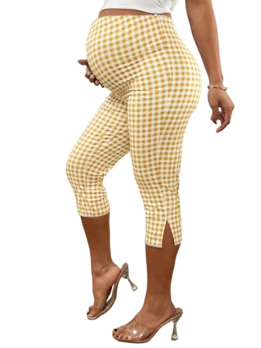 MakeMeChic Women's Maternity Plaid Capri Leggings Split Hem Capris Pants - color: Yellow and White, size: X-Large