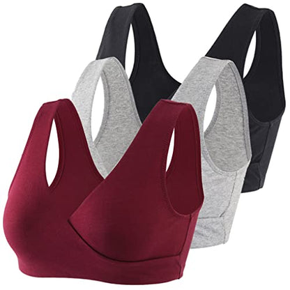KUCI Maternity Nursing Bra Wireless Cotton Breastfeeding Bra for Sleep - color: Black+grey+red Wine/3pack, size: Medium