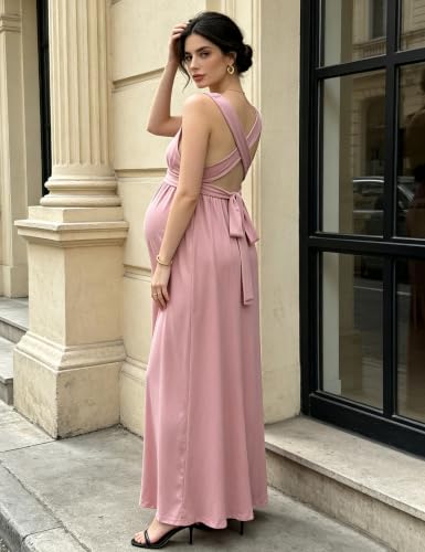 Maternity Maxi Dress Sleeveless V Neck Wrap High Slit Shower Gown - color: Pink, size: Large