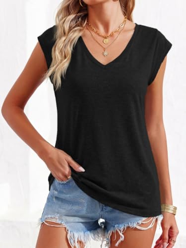 Langwyqu Womens' Cap Sleeve Tees Casual Loose Fit Basic Shirts Tank Tops - color: 00- Black, size: Large