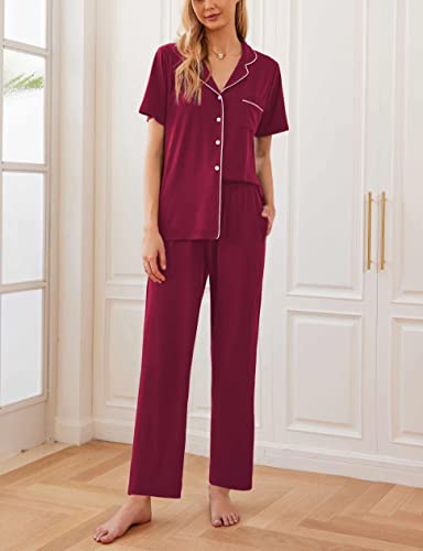 Ekouaer Womens Pajamas Set Short Sleeve Button Down Top & Pants Lounge Pjs - color: Red, size: X-Large