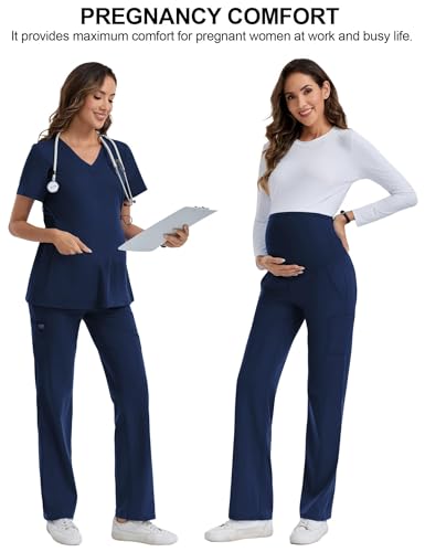 QBK Women's Maternity Scrub Pants Cargo Work Pants 4-Way Stretch 6 Pockets - color: Navy, size: Medium