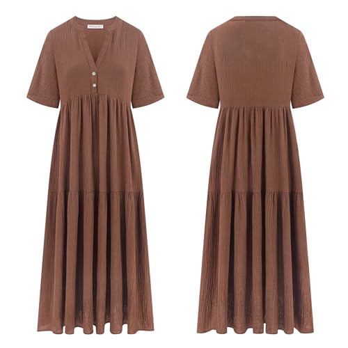 R.Vivimos Womens Summer Cotton Casual Flowy Maxi Dress - color: Brown, size: Small