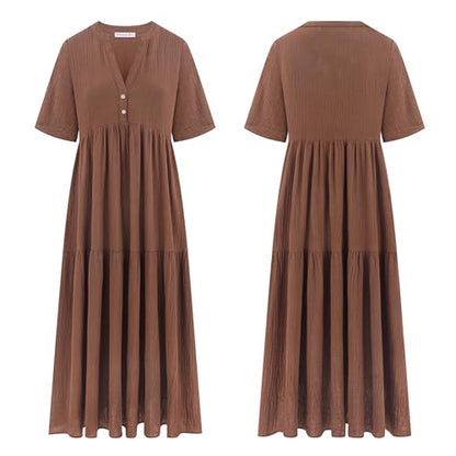 R.Vivimos Womens Summer Cotton Casual Flowy Maxi Dress - color: Brown, size: Small