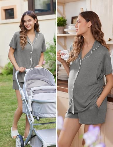 Ekouaer Maternity Sets Postpartum Nursing Pajamas for Women Summer Outfits - color: Middle Grey, size: Large