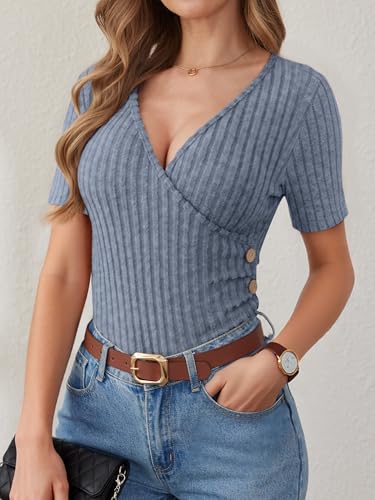 ANRABESS Women Short Sleeve V Neck Shirts - color: Blue, size: Large