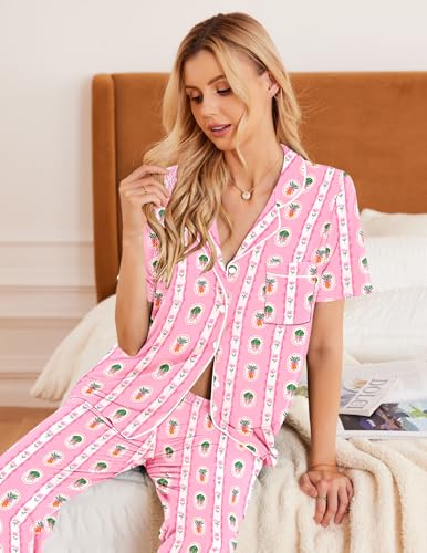 Ekouaer Womens Pajamas Set Short Sleeve Button Down Top & Pants Lounge Pjs - color: Carrot, size: Medium