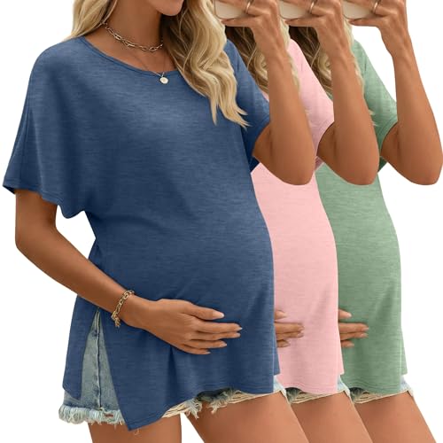 Riyiper 3 Pack Women's Maternity Tunic Cotton Shirts - color: Gray Blue, Light Pink, Light Green, size: Medium