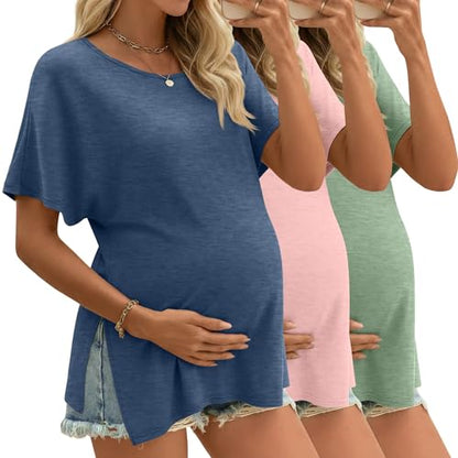 Riyiper 3 Pack Women's Maternity Tunic Cotton Shirts - color: Gray Blue, Light Pink, Light Green, size: Medium