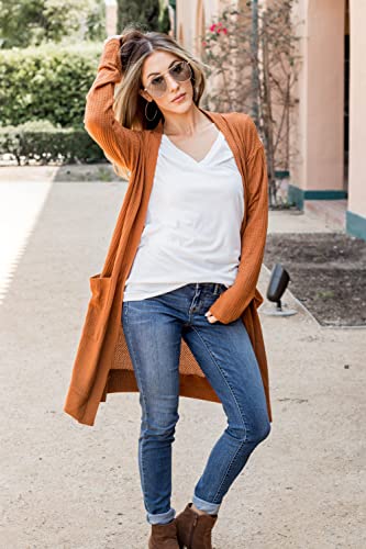 Tickled Teal Women's Long Sleeve Knit Open Front Sweater Cardigan with Pockets - color: Burnt Orange, size: Medium