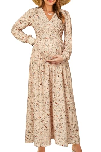 OUGES Women's Wrap Pregnancy Maxi V Neck Fall Baby Shower Maternity Dress - color: Apricot Floral, size: Small