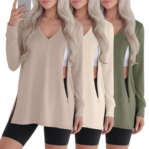 3 Pack Women's Nursing Breastfeeding Long Sleeve Shirts - color: Light Khaki, Cream, Army Green, size: X-Large