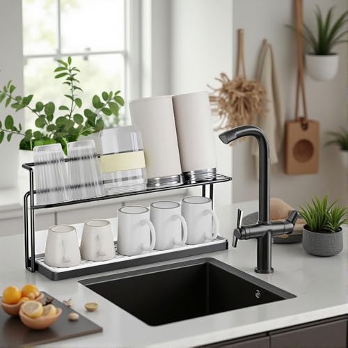 Water Bottle Drying Rack Cup Storage with Drain Tray Mug Organizer for Kitchen - 2 Tiers (Black) - color: Black