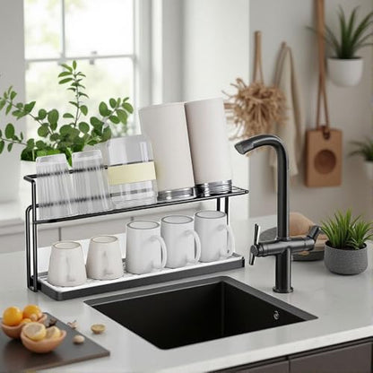 Water Bottle Drying Rack Cup Storage with Drain Tray Mug Organizer for Kitchen - 2 Tiers (Black) - color: Black