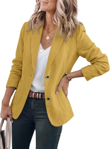IDEALSANXUN Cotton Linen Blazer for Womens Long Sleeve Loose Casual Blazer Jackets - color: A Yellow, size: Medium