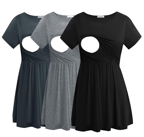 Smallshow Women's Nursing Tops Short Sleeve Breastfeeding Shirt 3 Pack - color: Black-dark Grey-light Grey(3 Packs), size: Medium
