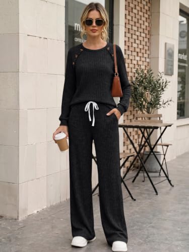 Trendy Queen Women's 2 Piece Lounge Sets 2026 Fall Casual Matching Outfits - color: Black, size: Small