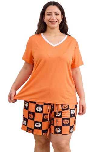 Plus Size Women Pajama Sets Summer Shorts Sleepwear V Neck PJS - color: Pumpkin, size: 5X-Large