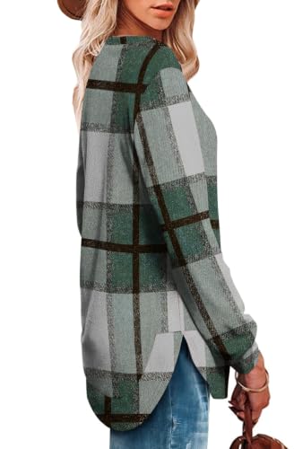 OFEEFAN Womens Sweatshirt Crewneck Long Sleeve Shirts High Low Tops Curved Hem - color: D-green Plaid, size: X-Large
