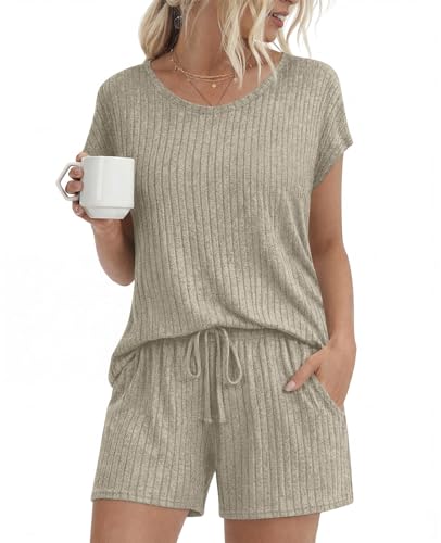 Womens Pajamas 2 Piece Lounge Sets Summer Sleepwear Short Pjs - color: Khaki, size: Medium