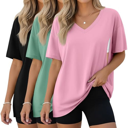 3 Pack Women's Oversize Nursing Shirts - color: Pink, Light Green, Black, size: Small