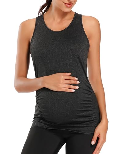 Ecavus Women's Maternity Tank Tops Racerback Ruched Workout Top - color: 01-black, size: Small