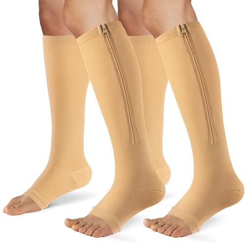 Zipper Compression Socks Women & Men |15-20mmHg Open Toe knee high - color: Beige, size: Large-X-Large