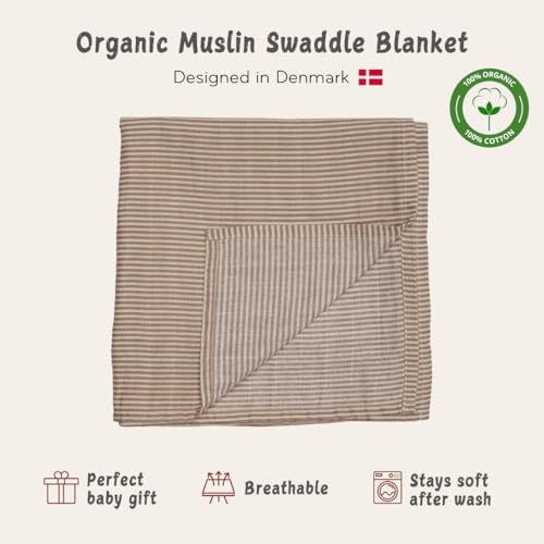 Swaddle Blanket, 100% Organic Cotton Muslin, 47"x47" Newborn - color: Natural Stripe