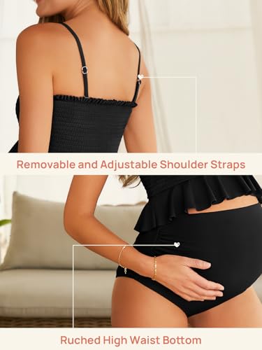 Summer Mae Maternity Swimsuit Ruffled Two Piece High Waist Bikini Swimwear - color: Black, size: Small