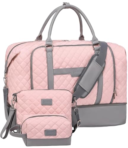 Weekender Bags for Women, Large Travel Duffel Bag, Carry on Overnight Bag - color: Pink-Grey
