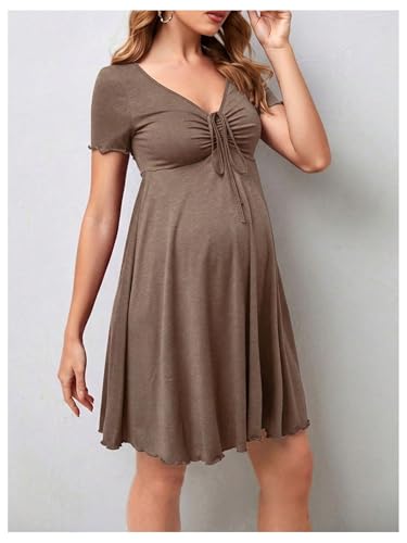OYOANGLE Women's Maternity Tie Front V Neck Short Dresses - color: Khaki, size: X-Small