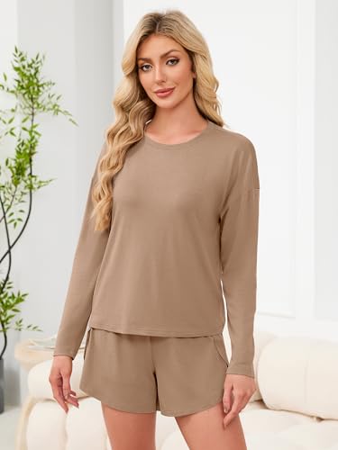 ANRABESS Womens Long Sleeve Striped Pajama 2 Piece Lounge Sets - color: Light Brown, size: Medium