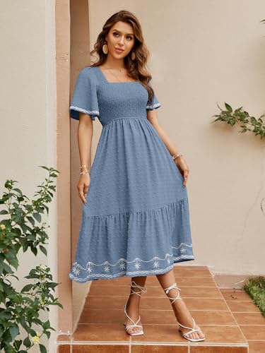 Glamaker Women's Short Sleeve Smocked Square Neck A Line Summer Flowy Maxi Long Dress - color: 01-grey Blue, size: Medium