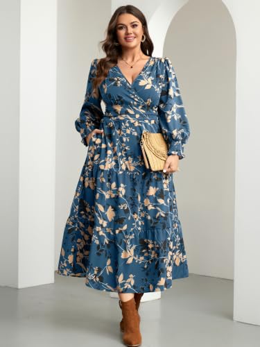 RWJ Women's Plus Size Fall Wedding Guest Dress Long Sleeve Maxi with Pocket - color: Dusty Blue Floral, size: 3X-Large Plus