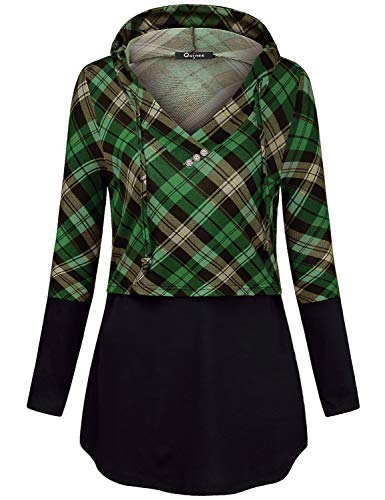 Quinee Women's Long Sleeve Plaid Colorblock Nursing Pullover Hoodie Sweatshirts - color: Black Green Plaid, size: Large