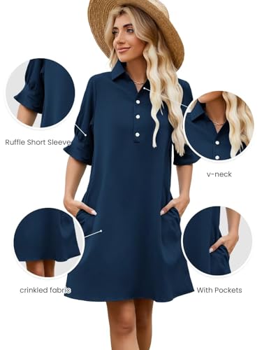 FEKOAFE Womens Casual Dress V Neck Short Sleeve Shift Dresses with Pockets - color: Aa-navy Blue, size: Small