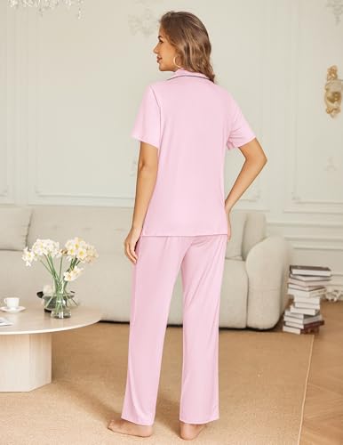 Ekouaer Womens Pajama Sets Button Down Lounge Sets 2 Piece Short Sleeve Pjs - color: Pink, size: Large