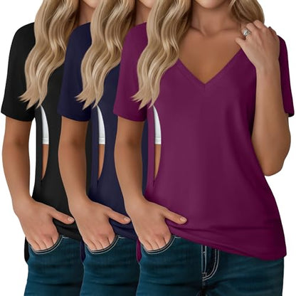 3 Pack Women's Nursing Tops Breastfeeding Shirts - color: Black, Navy, Fuchsia, size: Small