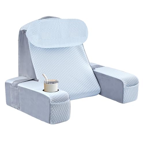 Reading Pillow for Adults, Back Pillow for Bed Sitting Up, Backrest Pillow for Sitting in Bed, Detachable Arms with Built-in Cup & Phone Caddy (White Cooling - Polka, 19 INCH) - color: White Cooling - Polka, size: 19 INCH
