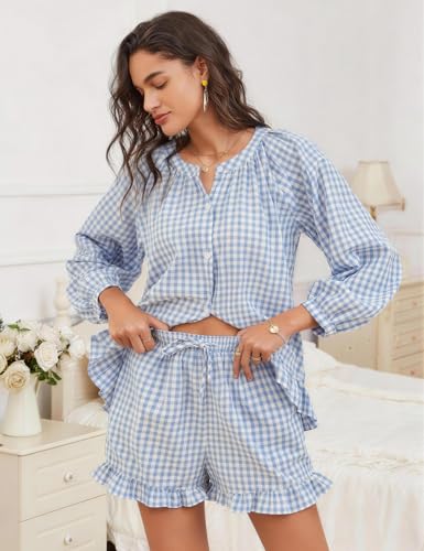 Flygo Womens Gingham 2 Piece Pajama Sets Y2K Cotton Ruffle Short Sets - color: Blue, size: Large