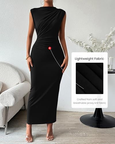 BTFBM Women Ruched Bodycon Maxi Dresses Summer Casual - color: Black, size: Medium