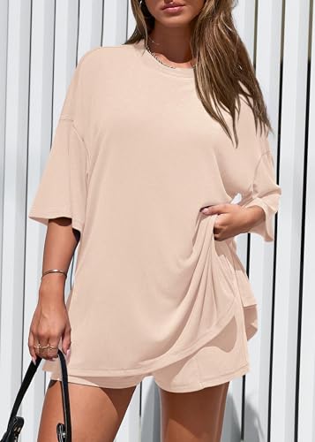 KIRUNDO 2 Piece Sets for Women Summer Lounge Sets Casual - color: Beige, size: Medium