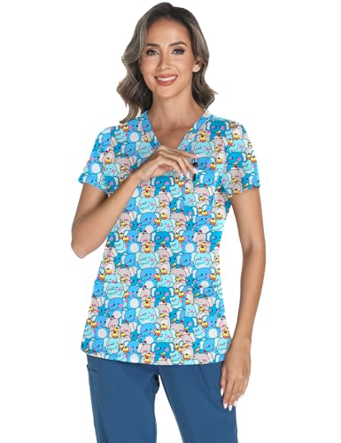 LOMON Women's V Neck Printed Scrub Top with 3 Pockets - color: Elephant Family, size: Medium