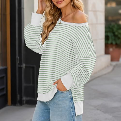 Fall Tops for Women 2026 off Shoulder Striped Top Long Sleeve Pullover Tops - color: Green, size: Small