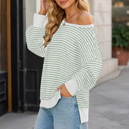 Fall Tops for Women 2026 off Shoulder Striped Top Long Sleeve Pullover Tops - color: Green, size: 3X-Large