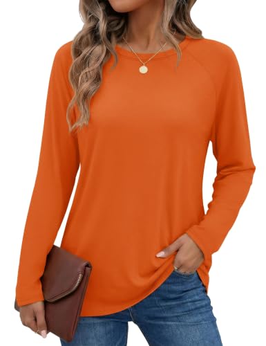 YUCOLEN Women's Long Sleeve Shirts Crew Neck Casual Cotton Basic Tee - color: Dark Orange, size: Medium
